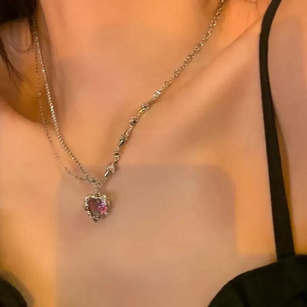Purple Silver Heart Necklace Rhinestone Chain Boho Dainty Artsy Pendant
